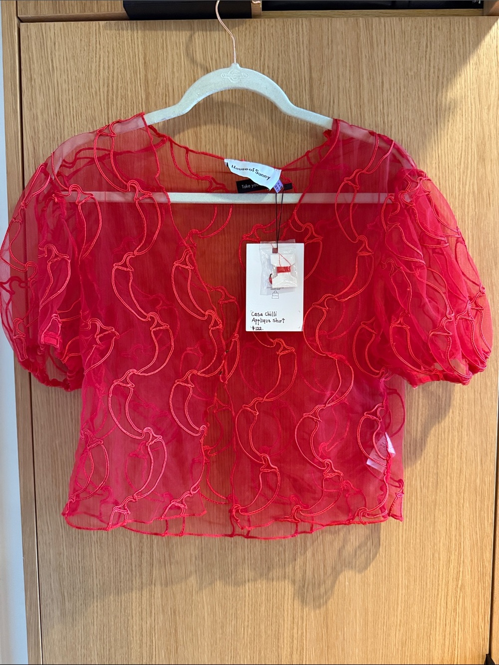 Rare find!! House of Sunny Jalapeño-Embroidered Fire Red Sheer Puff-Sleeve Top